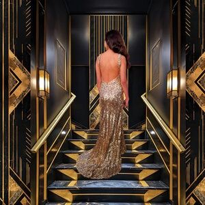 Gold sequin mermaid prom dress  ✨ Kiss Kiss Formal Mary’s Bridal size 4